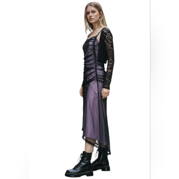 Vintage Dresses & Skirts - Vintage 90s Whimsigoth Lilac Slip Dress Black Mesh Overlay Asymmetrical Large